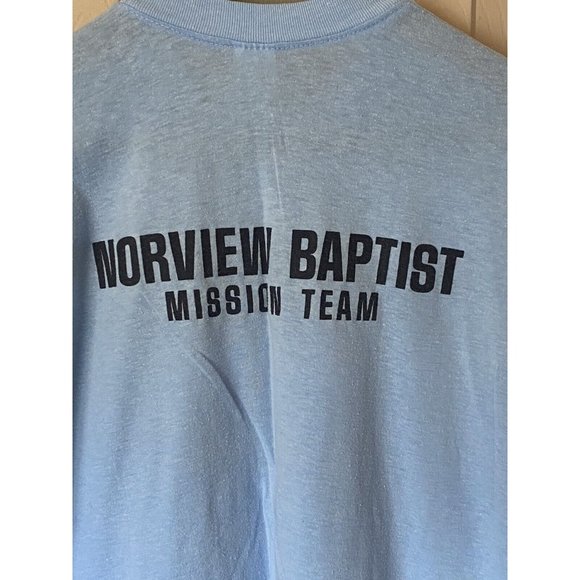 Norwood Baptist Mission Team Vintage T-Shirt Blue Size L Made In USA Irma 80's - Picture 3 of 6